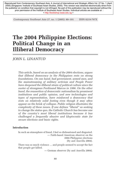 The 2004 Philippine Elections: Political Change in an Illiberal.